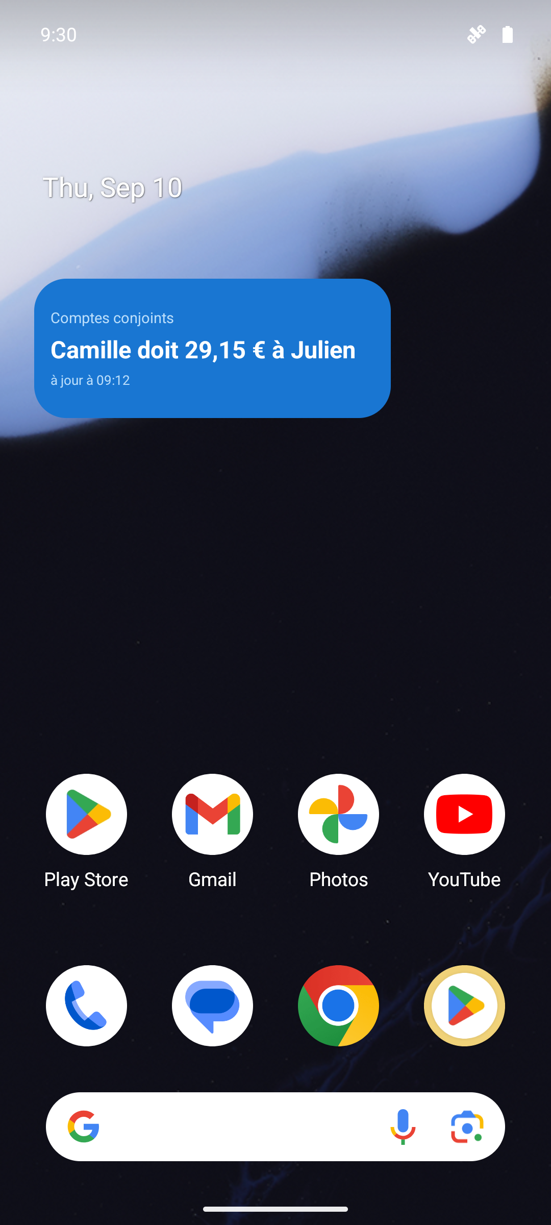 Le widget « Solde » sur l'écran d'accueil