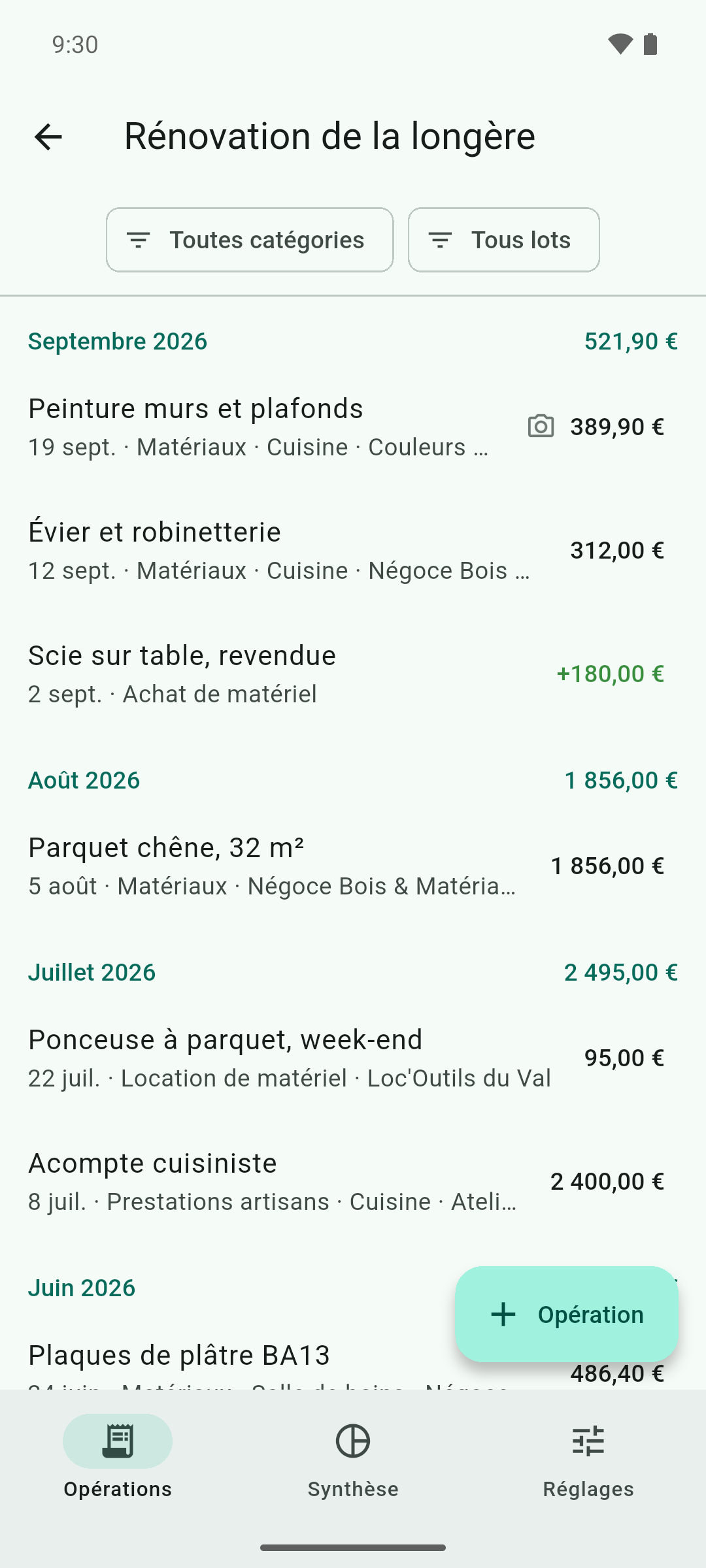 Les dépenses et recettes, classées par mois