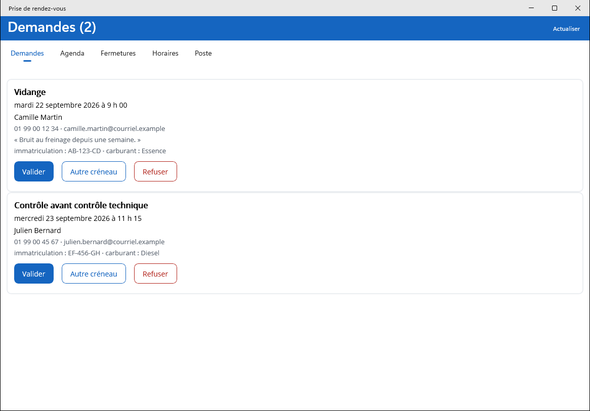 L'application Windows : les demandes à traiter