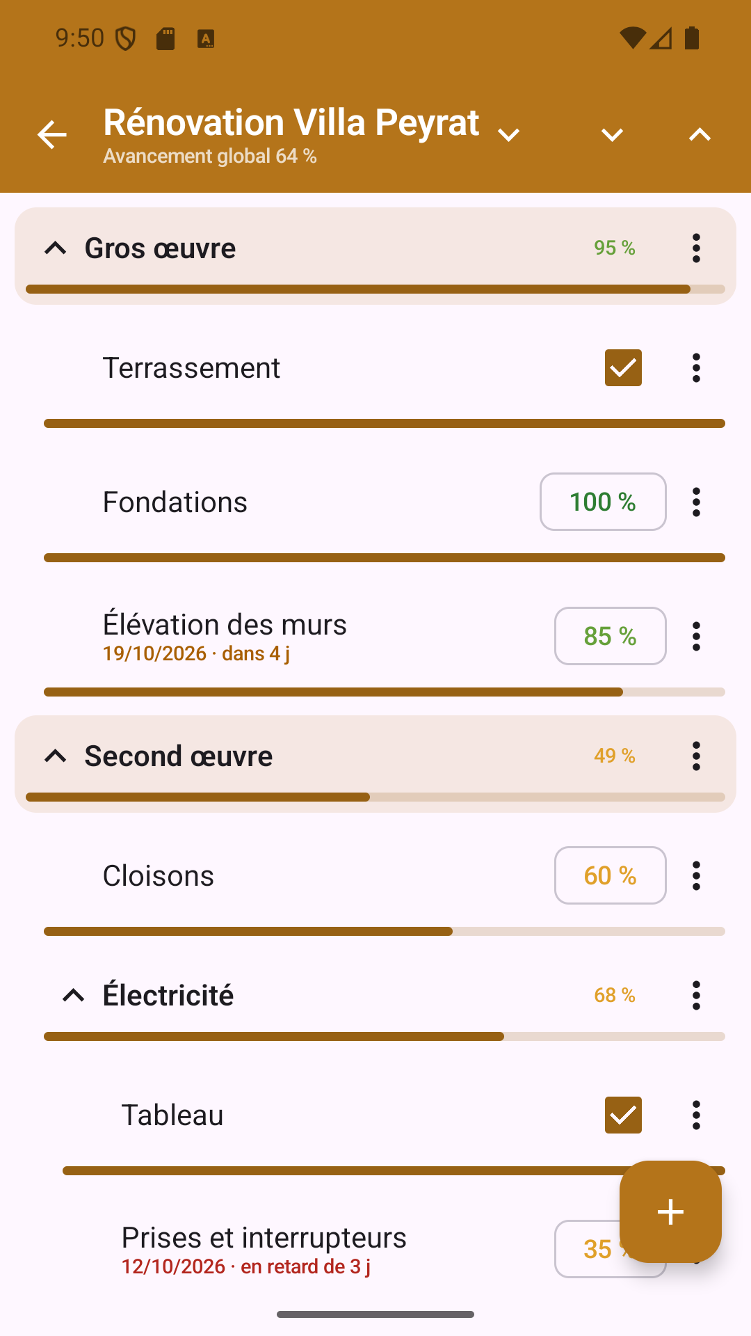 L'arborescence dépliée : cases à cocher, pourcentages et échéances