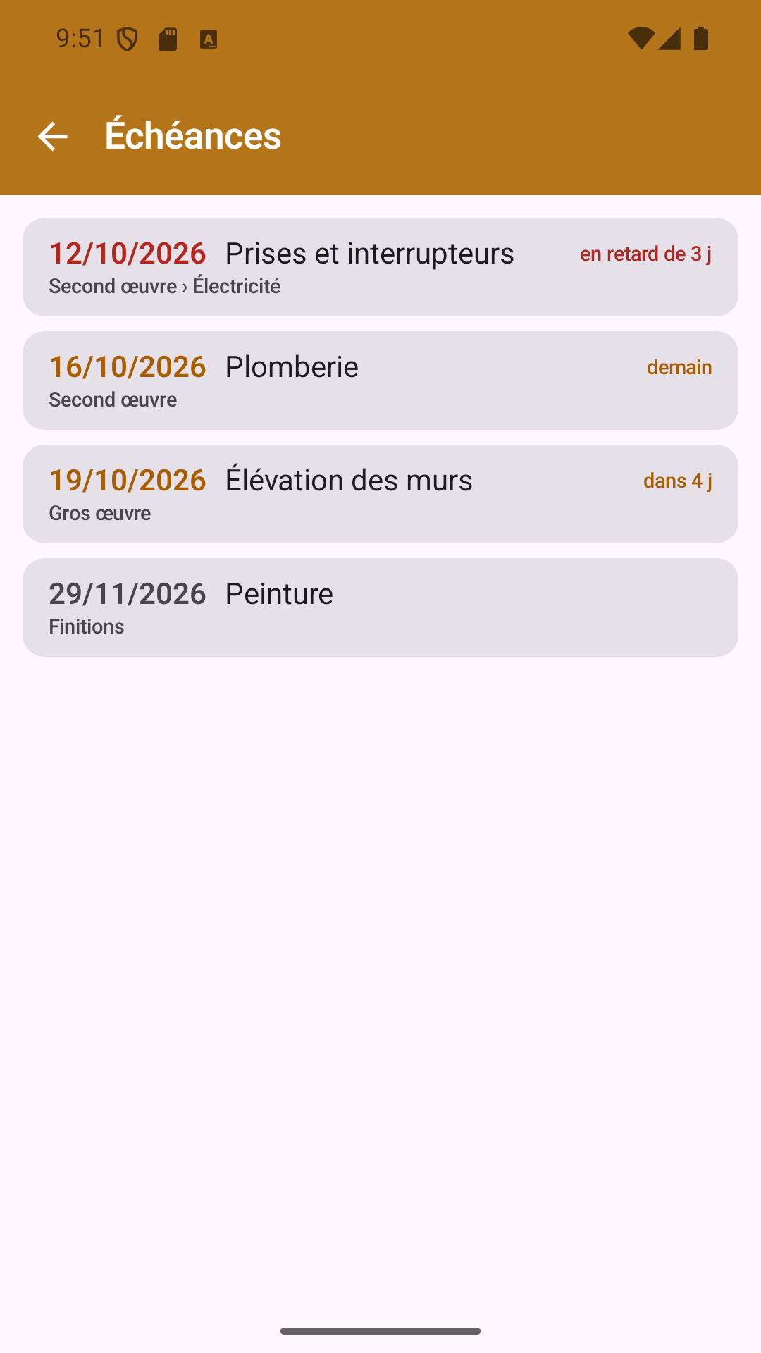 Toutes les échéances du chantier, de la plus proche à la plus lointaine